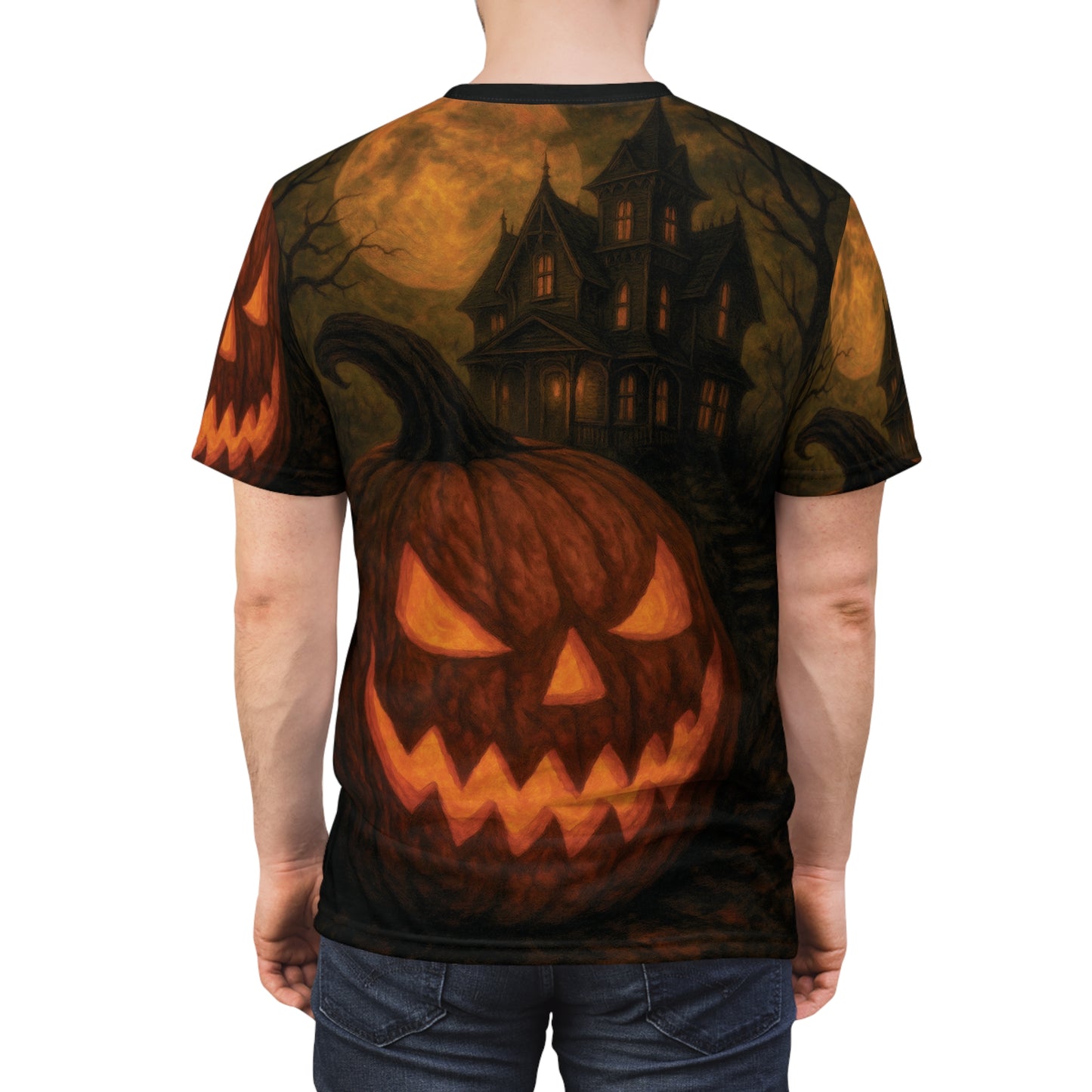 Haunted Jack-O’-Lantern – Gothic AOP Unisex Halloween T-Shirt | Pumpkin & Haunted House Tee