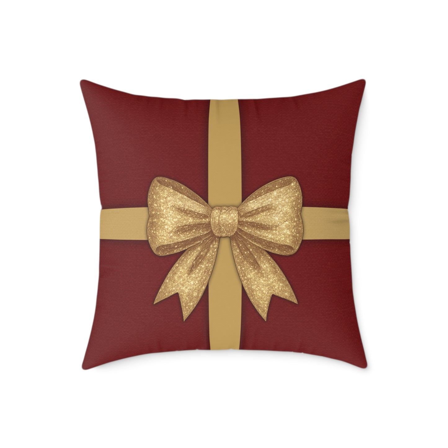 Red & Gold Gift Box Throw Pillow – Holiday Present Canvas Cushion with Holly Back