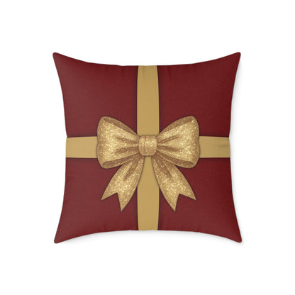 Red & Gold Gift Box Throw Pillow – Holiday Present Canvas Cushion with Holly Back