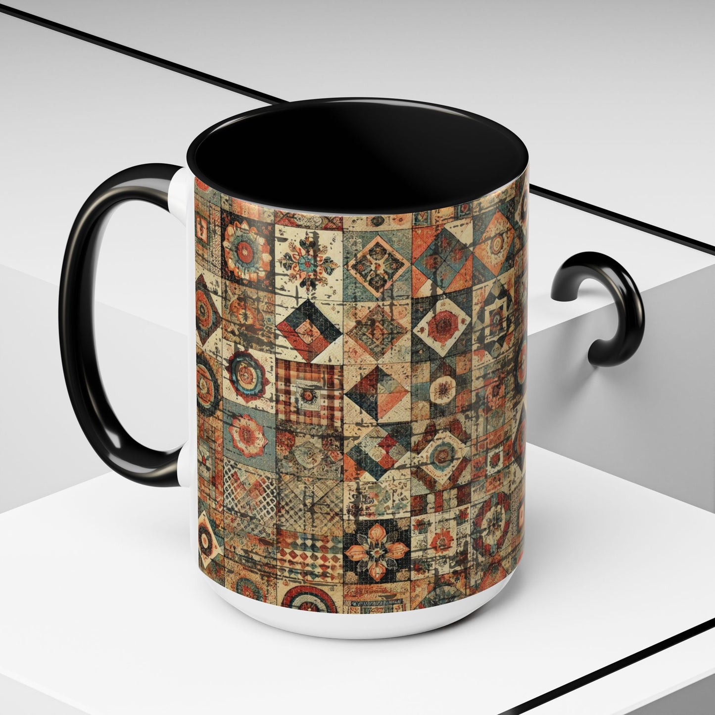 Boho Patchwork Quilt Mug | Vintage Accent Coffee Mug (11oz/15oz)