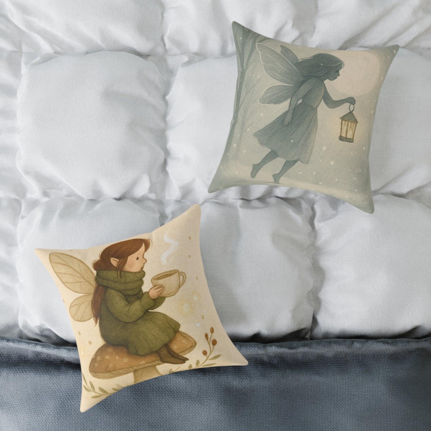 Cozy Winter Fairy Throw Pillow – Tea on a Toadstool & Lantern Fairy Canvas Cushion
