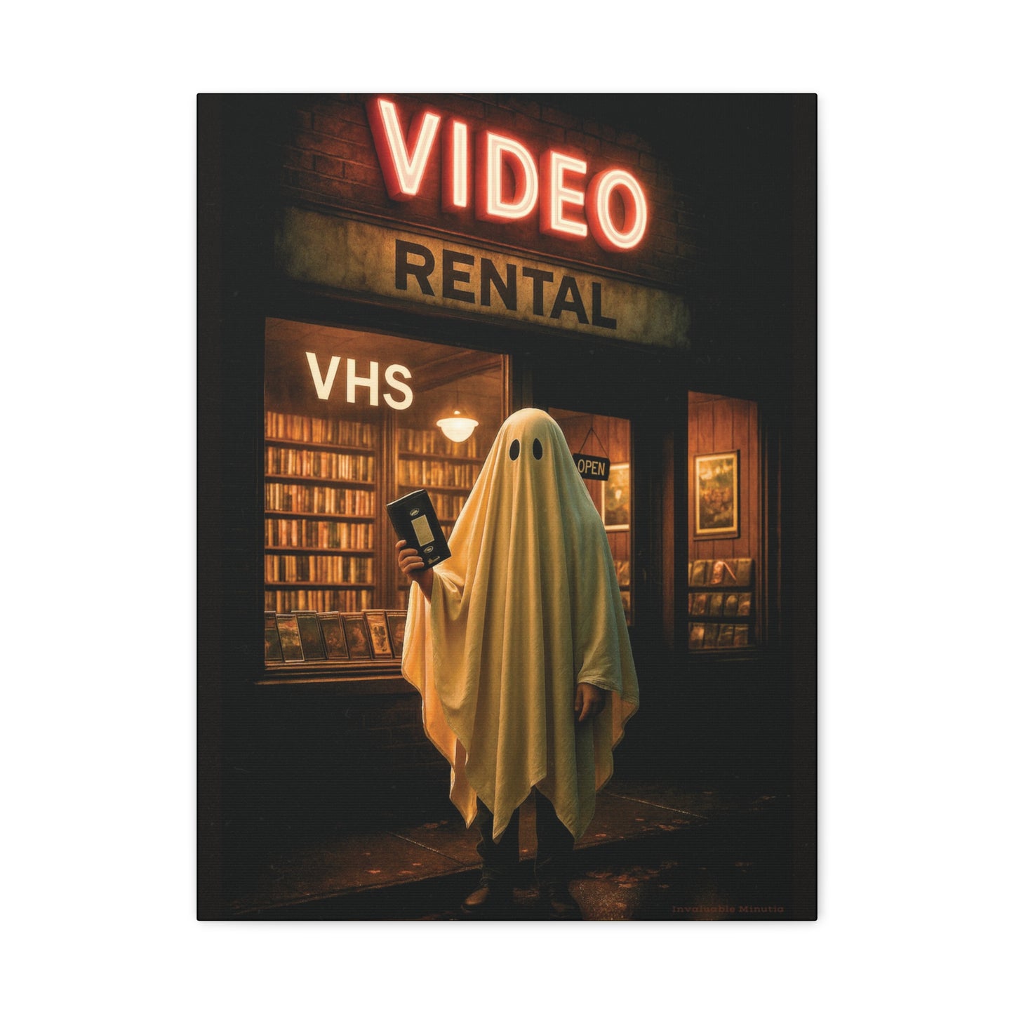 Retro Video Rental Ghost – VHS Nostalgia Matte Stretched Canvas Wall Art | 90s Spooky Decor