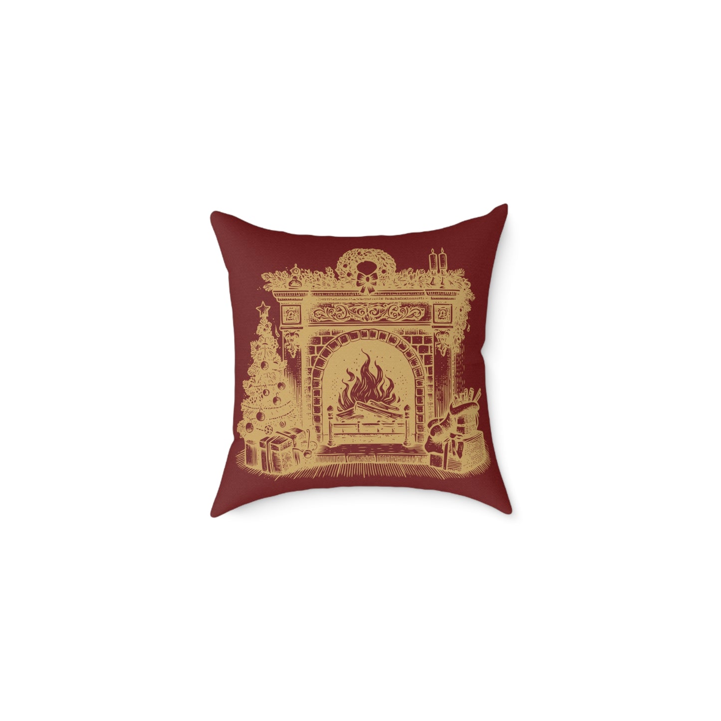 Vintage Fireplace Christmas Throw Pillow – Red & Gold Mantel with Candy Cane Pattern Back