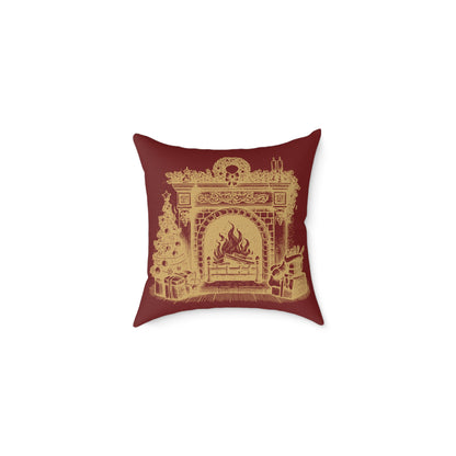 Vintage Fireplace Christmas Throw Pillow – Red & Gold Mantel with Candy Cane Pattern Back