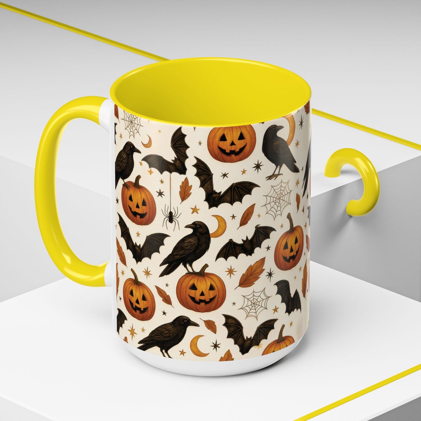Halloween Raven & Pumpkin Color Accent Mug – Gothic Crow, Bats & Jack-o’-Lantern Coffee Cup (11oz & 15oz) – Spooky Autumn Drinkware