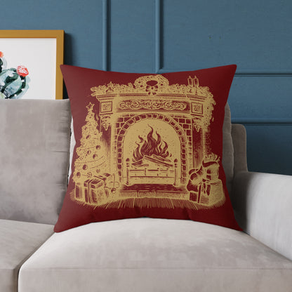 Vintage Fireplace Christmas Throw Pillow – Red & Gold Mantel with Candy Cane Pattern Back