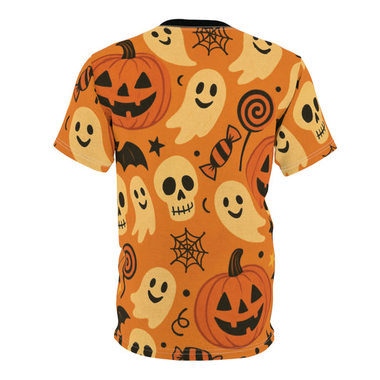 T-shirt med heltäckande tryck och bus eller godis – Vintage Halloween-spöken och pumpor