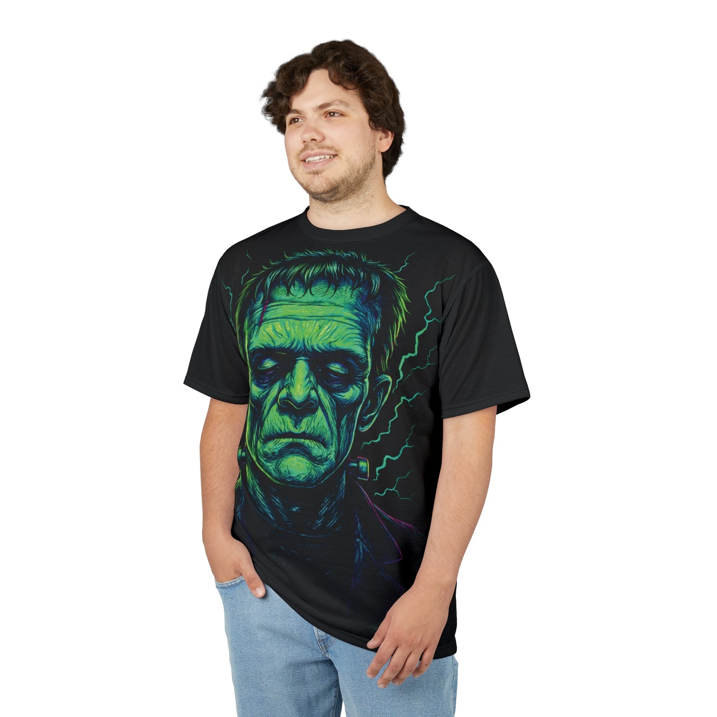 Frankenstein's Monster AOP Halloween T-Shirt – Electric Neon Green Extra Large Print Tee (All-Over Print)