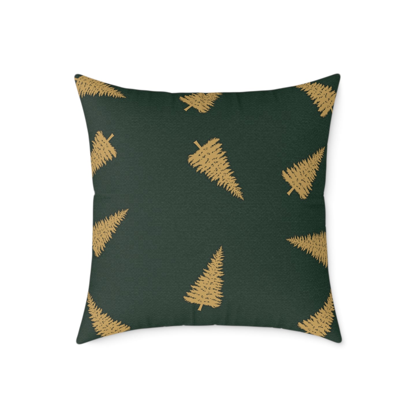 Emerald Gift Box Throw Pillow – Green & Gold Present with Pine Tree Pattern Back