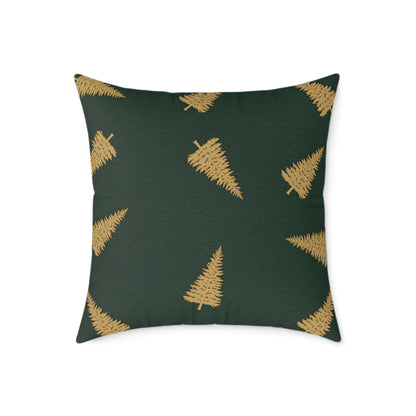 Emerald Gift Box Throw Pillow – Green & Gold Present with Pine Tree Pattern Back