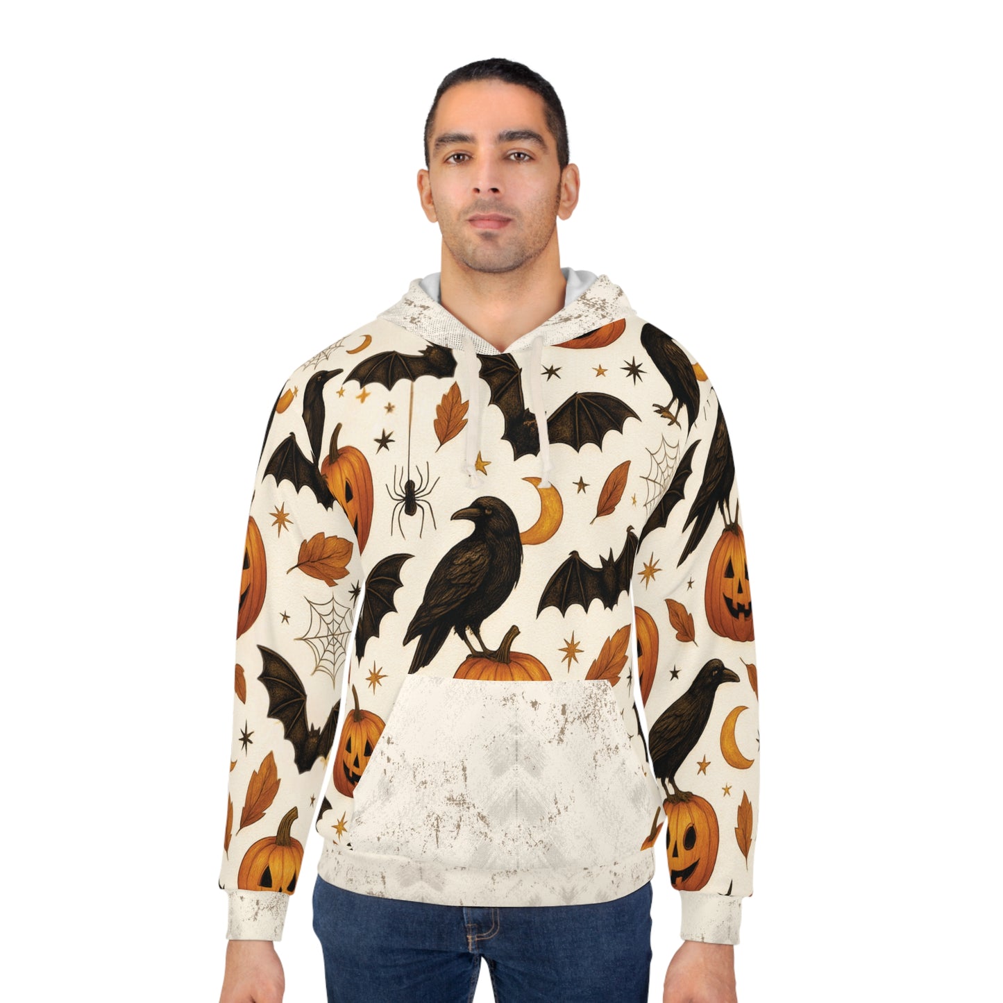 Vintage Halloween AOP Pullover Hoodie – Ravens, Pumpkins & Bats | Boutique Spooky Season Fashion