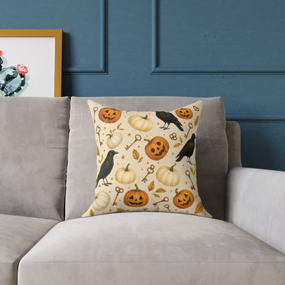 Boutique Halloween Throw Pillow – Crow & Pumpkin Pattern (Reversible Dot Back, Colorway™ Poly Canvas)