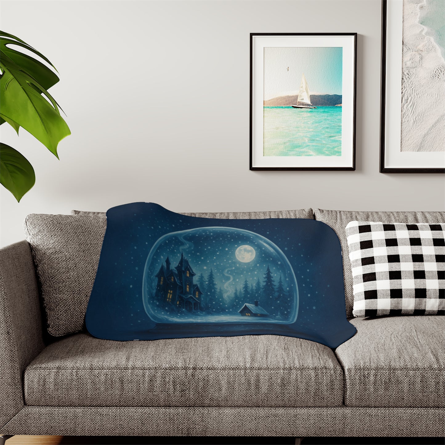 Haunted House Winter Snowglobe Sherpa Blanket – Enchanted Gothic Holiday Throw