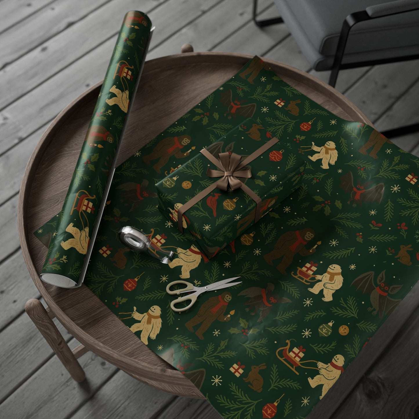 Cryptid Christmas Parade – Luxury Holiday Wrapping Paper, Folk-Art Bigfoot & Mothman Gift Wrap, 30" Roll (Matte/Gloss)