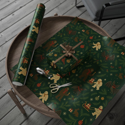 Cryptid Christmas Parade – Luxury Holiday Wrapping Paper, Folk-Art Bigfoot & Mothman Gift Wrap, 30" Roll (Matte/Gloss)