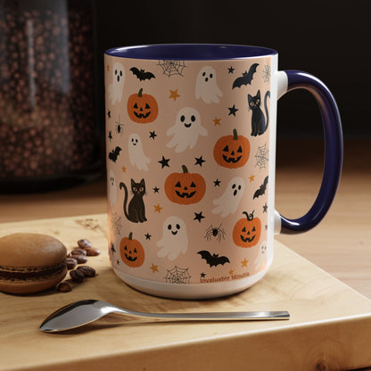 Halloween Color Accent Mug – Ghosts, Pumpkins & Black Cats, Fall Coffee Cup (11oz & 15oz) – Boutique Spooky Season Drinkware