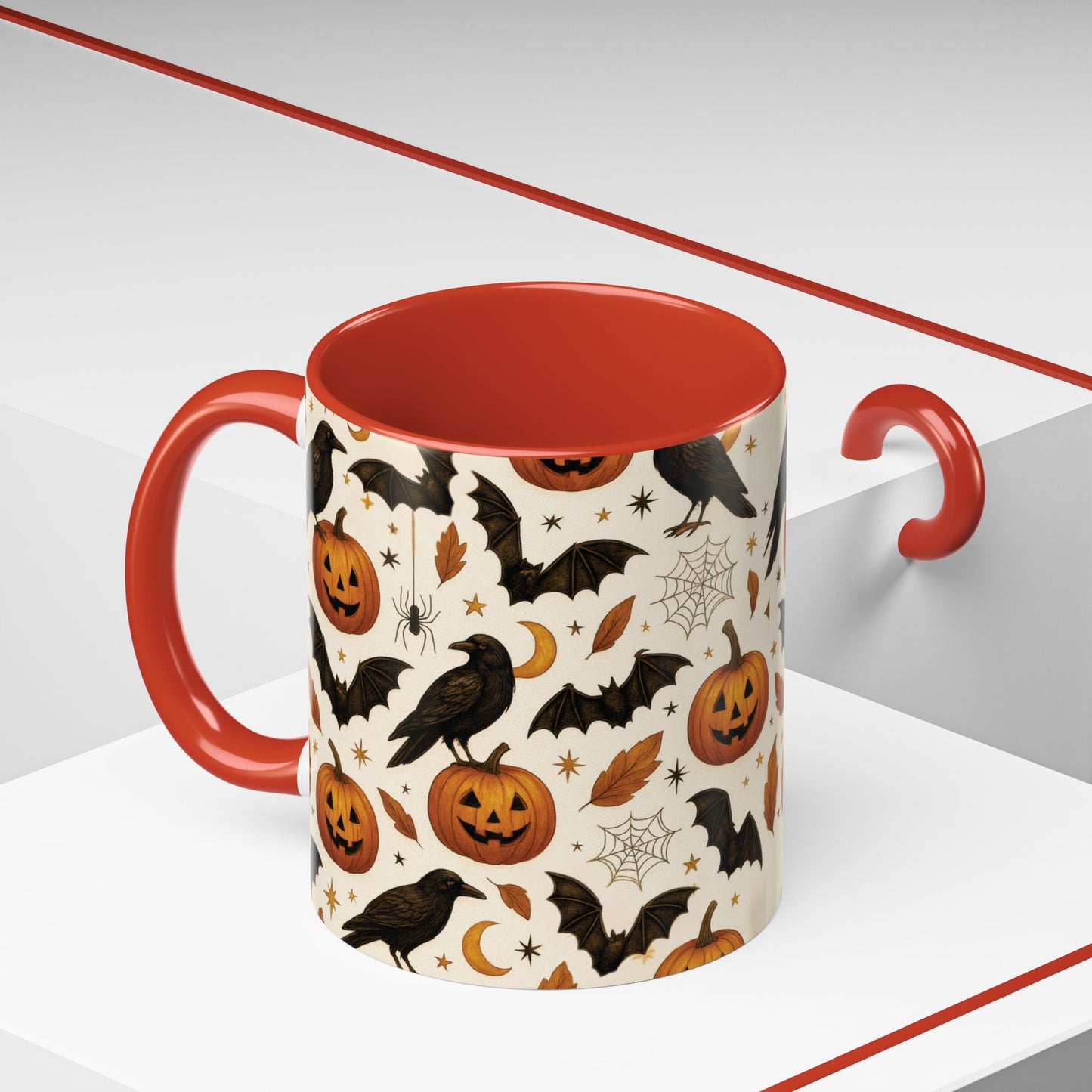 Halloween Raven & Pumpkin Color Accent Mug – Gothic Crow, Bats & Jack-o’-Lantern Coffee Cup (11oz & 15oz) – Spooky Autumn Drinkware