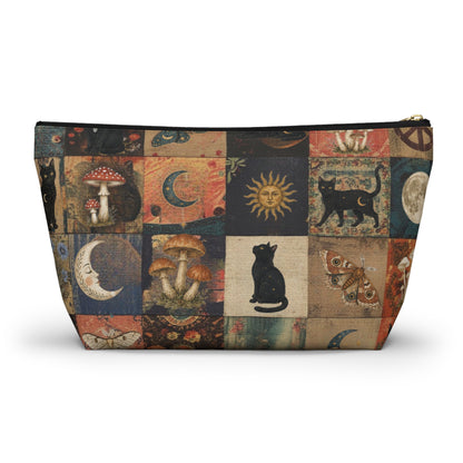 Witchy Patchwork Accessory Pouch – Black Cat Moon Mushroom Cosmetic Bag