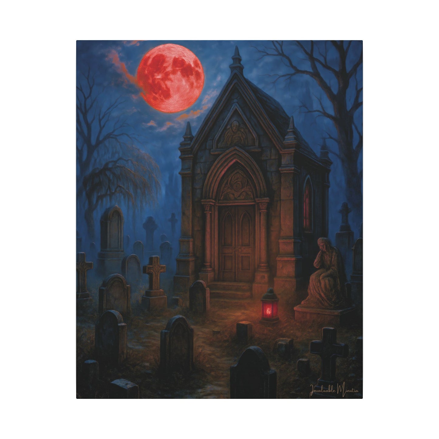 "Blood Moon Mausoleum" – Gothic Graveyard Fine Art Matte Canvas Print (Vertical)