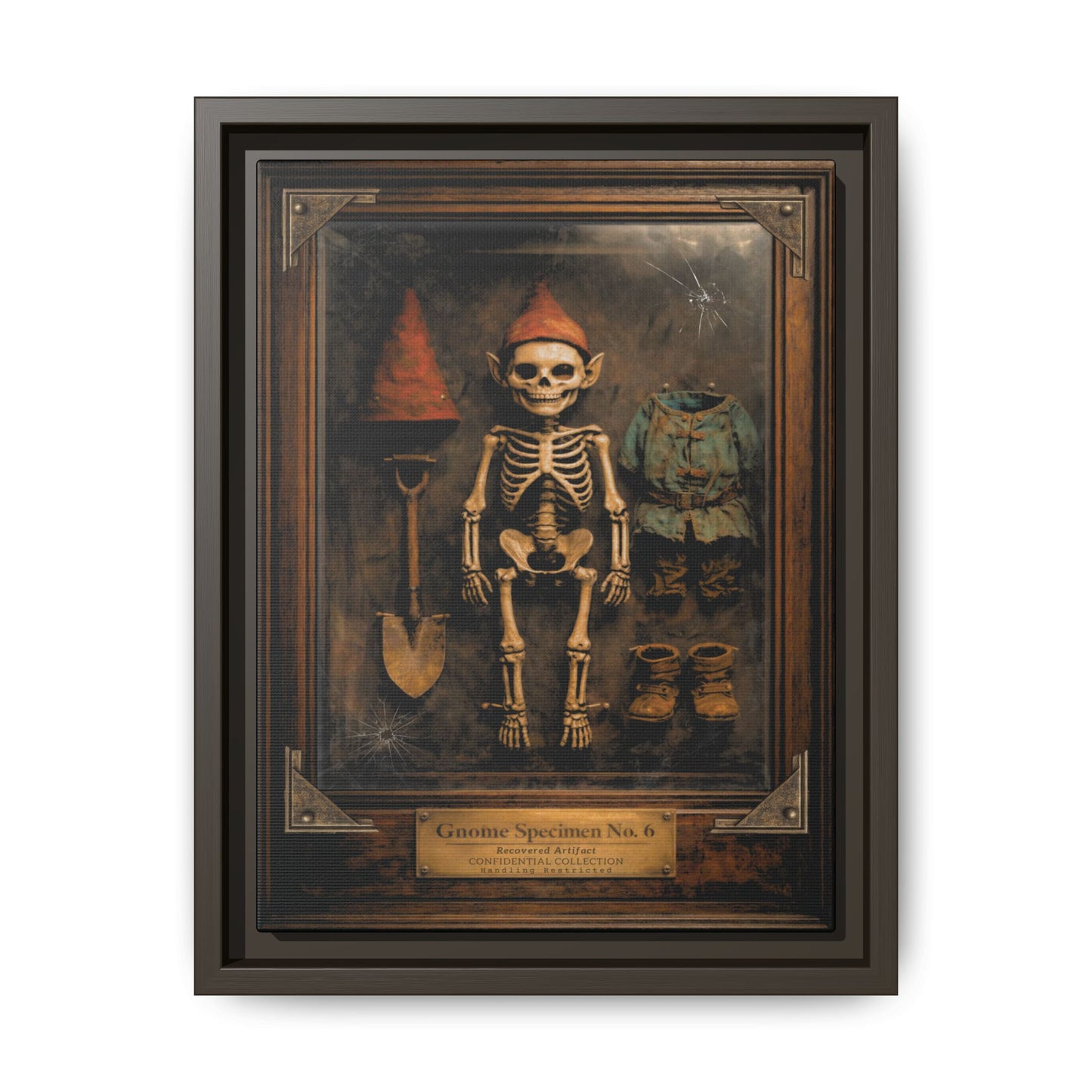 Gnome Specimen No. 6 Framed Canvas Print – Dark Curiosity Cabinet Wall Art, Gothic Skeleton Gnome Decor