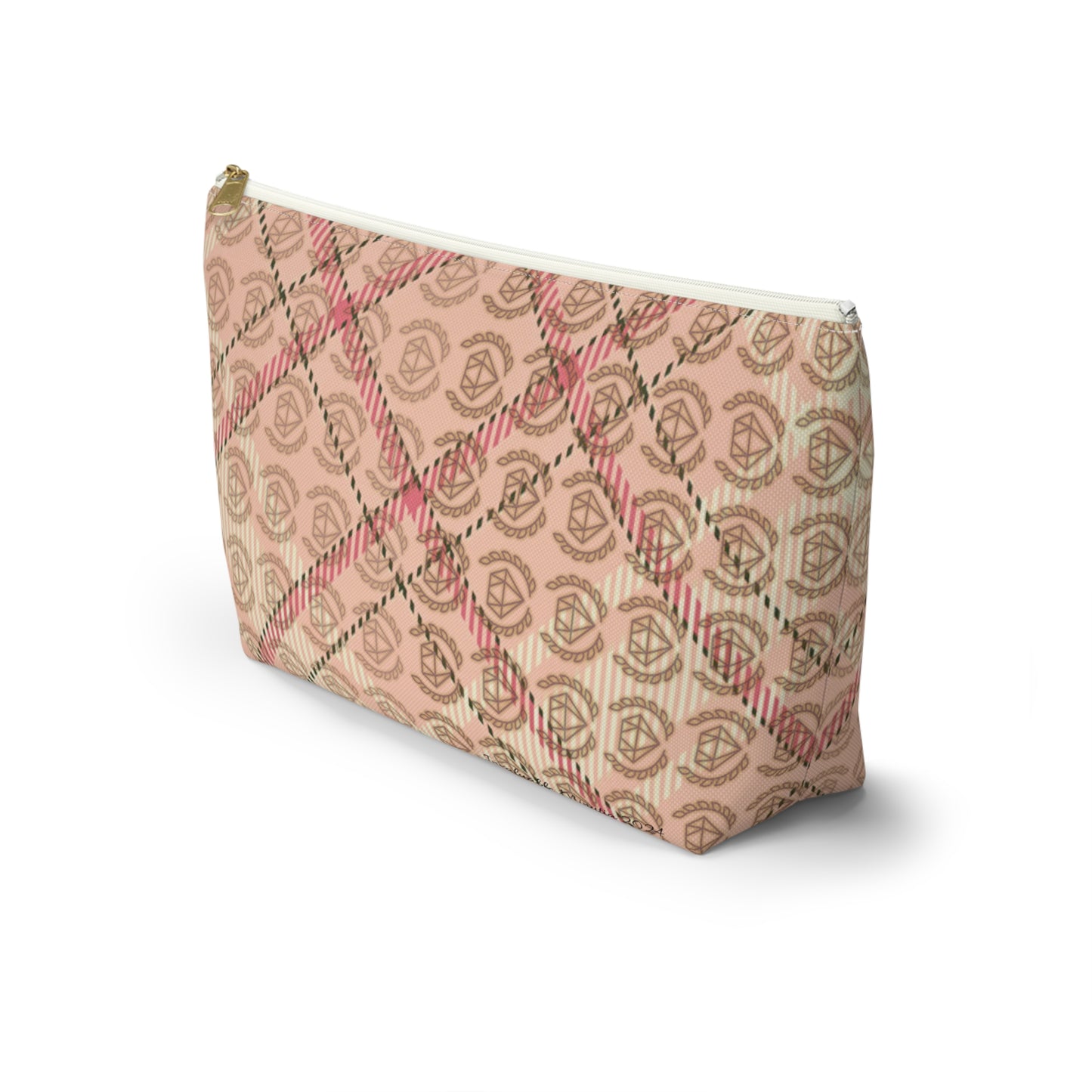 Elegant Plaid T-Bottom Accessory Pouch • Soft Pink Travel Bag with Boutique Monogram • Small or Large Sizes