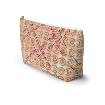 Elegant Plaid T-Bottom Accessory Pouch • Soft Pink Travel Bag with Boutique Monogram • Small or Large Sizes
