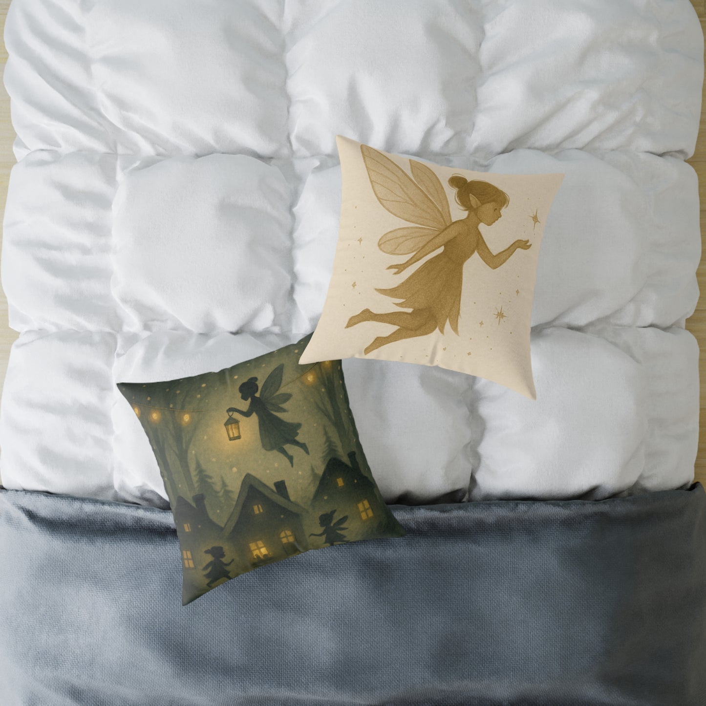 Winter Night Fairies Throw Pillow – Lantern Village Scene Dual-Sided Canvas Cushion