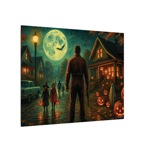 Halloween Neighborhood Scene Canvas Print – Retro Suburban Trick-or-Treat, Glowing Pumpkins & Full Moon Wall Art