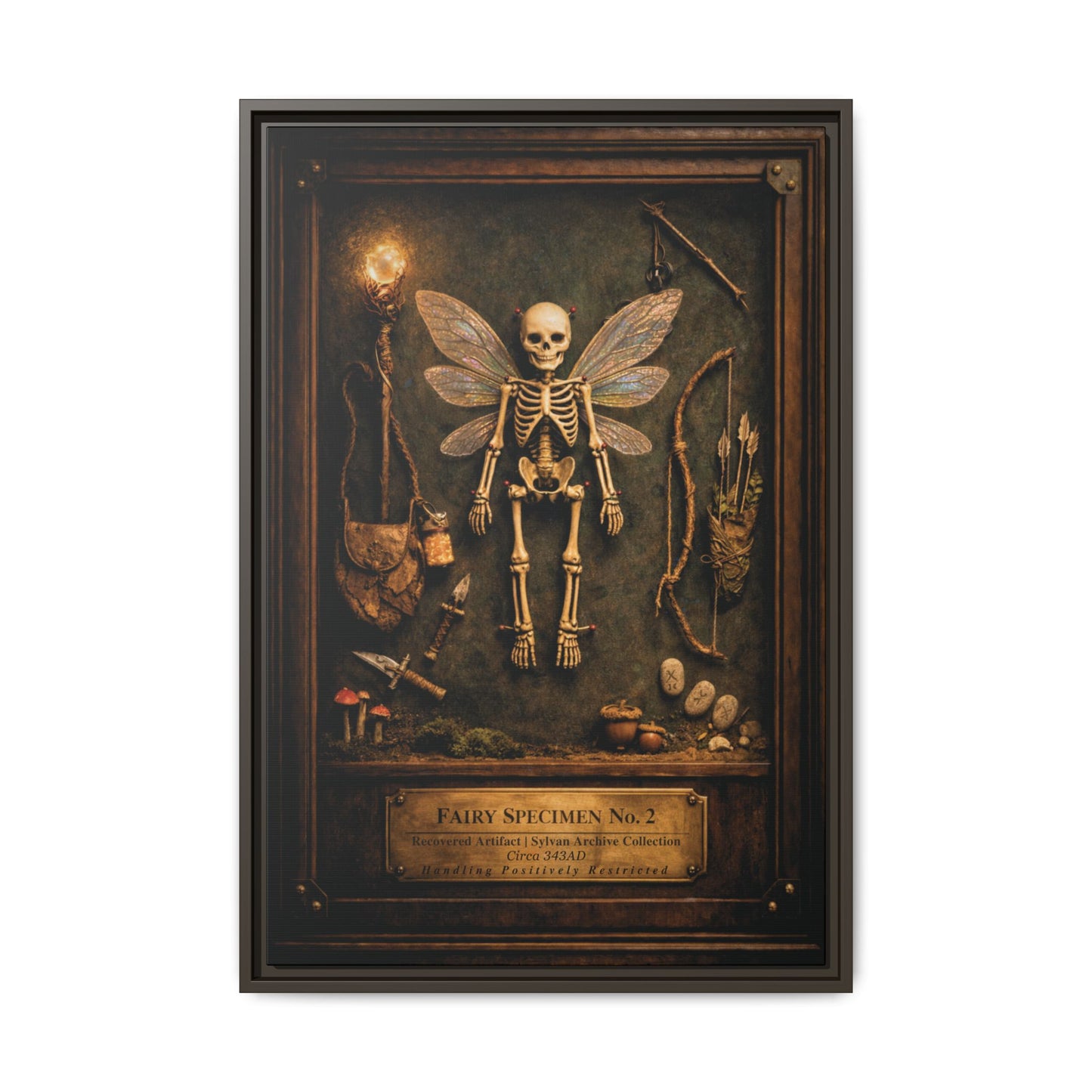 Fairy Specimen No. 2 Framed Canvas Print – Skeletal Fairy Wall Art, Dark Curiosity Cabinet Decor