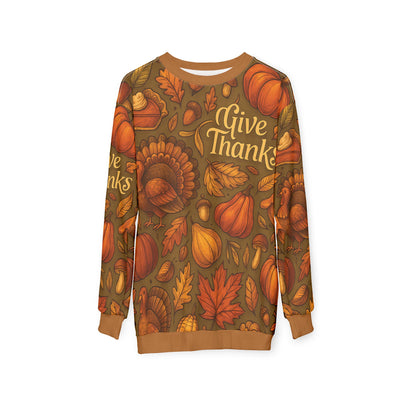 Give Thanks AOP Unisex Sweatshirt | Thanksgiving Pumpkins, Turkeys & Pie | Fall Gratitude Sweater | Free Worldwide Shipping