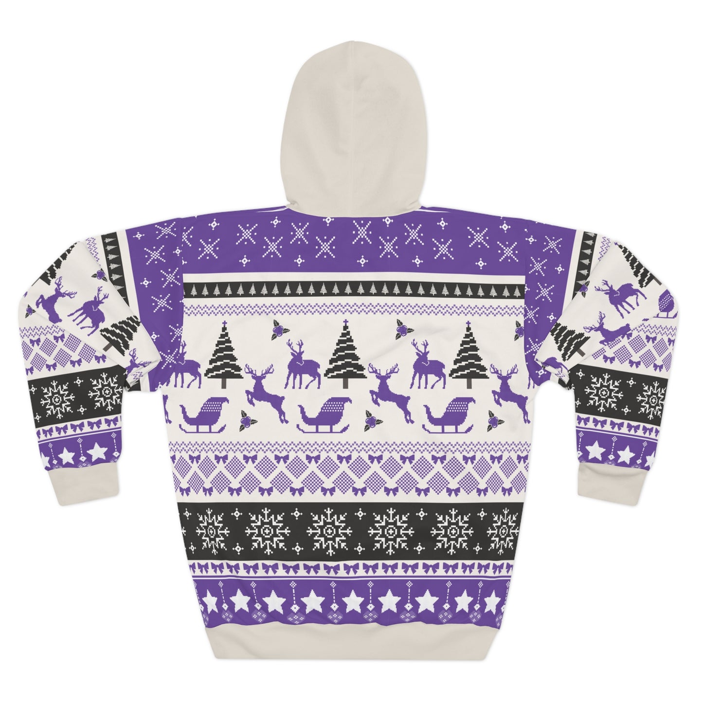 Purple Nordic Reindeer AOP Hoodie – Cozy Fair Isle Winter Holiday Pullover