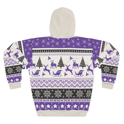 Purple Nordic Reindeer AOP Hoodie – Cozy Fair Isle Winter Holiday Pullover