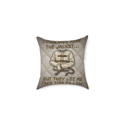 Asylum Humor Poly Canvas Throw Pillow — “I Couldn’t Keep the Jacket…” | Patient No. 4815 Back Print
