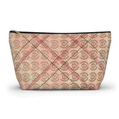 Elegant Plaid T-Bottom Accessory Pouch • Soft Pink Travel Bag with Boutique Monogram • Small or Large Sizes