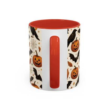 Halloween Raven & Pumpkin Color Accent Mug – Gothic Crow, Bats & Jack-o’-Lantern Coffee Cup (11oz & 15oz) – Spooky Autumn Drinkware