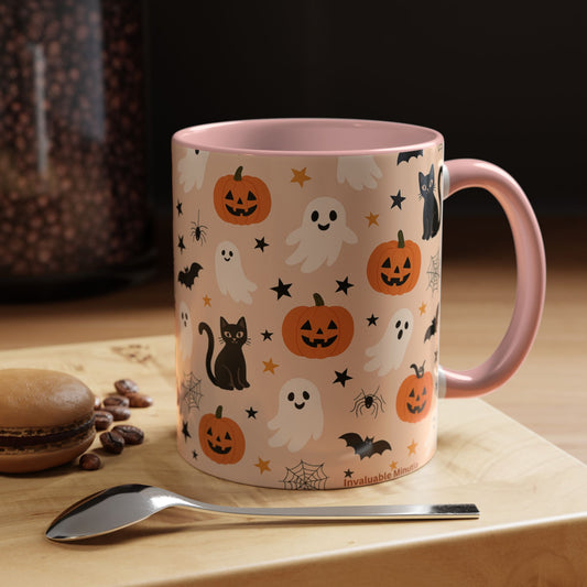 Halloween Color Accent Mug – Ghosts, Pumpkins & Black Cats, Fall Coffee Cup (11oz & 15oz) – Boutique Spooky Season Drinkware