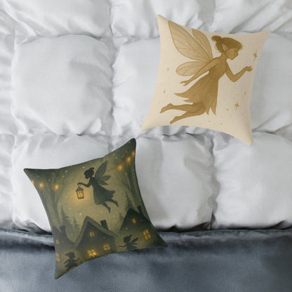 Winter Night Fairies Throw Pillow – Lantern Village Scene Dual-Sided Canvas Cushion