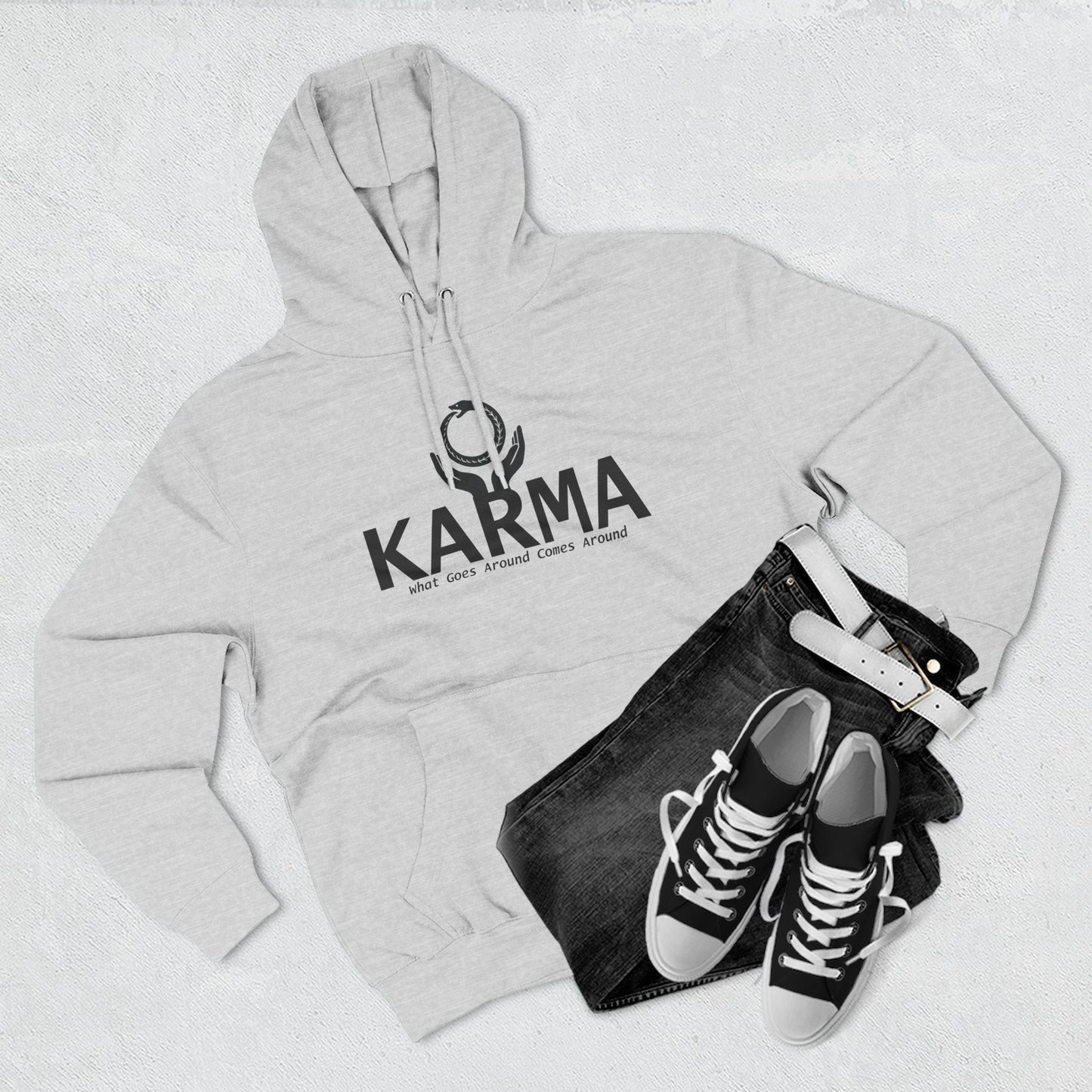 Karma Hoodie — “What Goes Around Comes Around” Minimalist Spiritual Quote Hoodie (Lane Seven Premium Fleece)