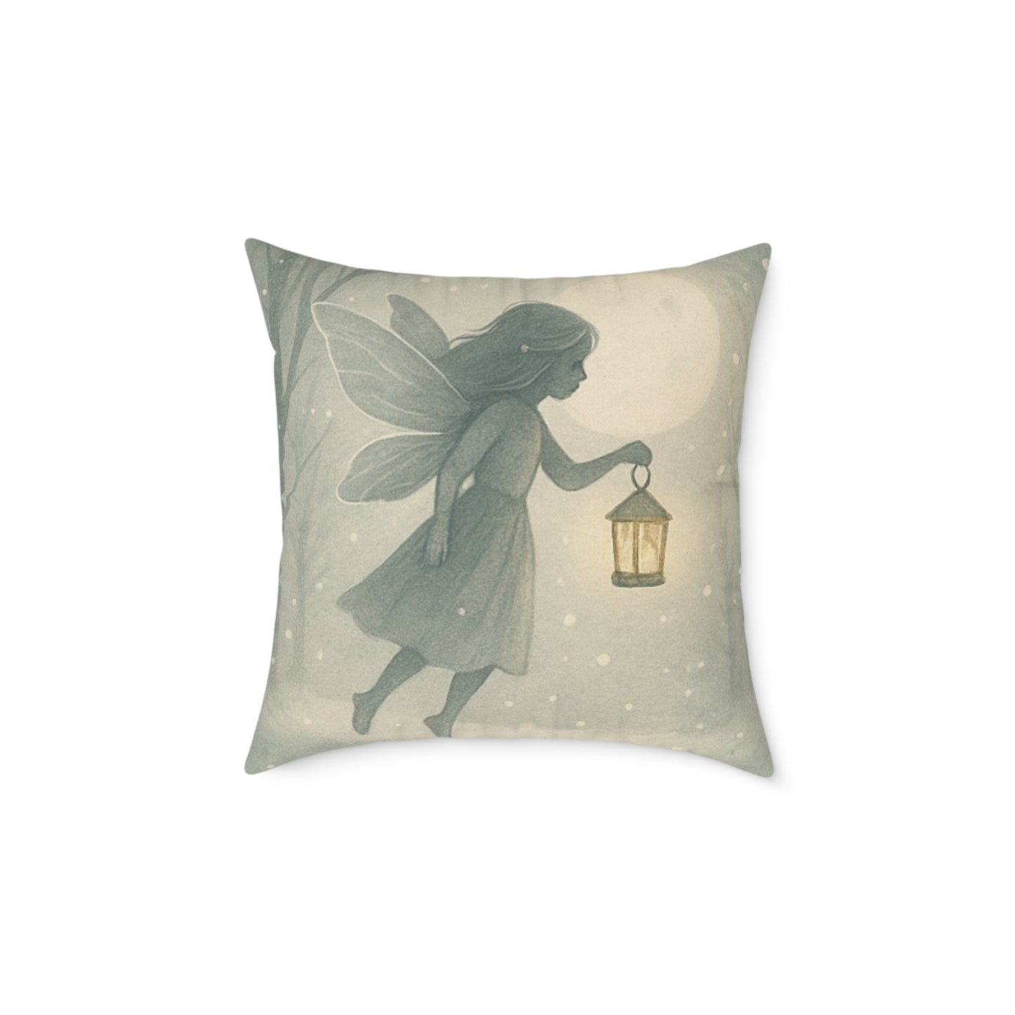 Cozy Winter Fairy Throw Pillow – Tea on a Toadstool & Lantern Fairy Canvas Cushion