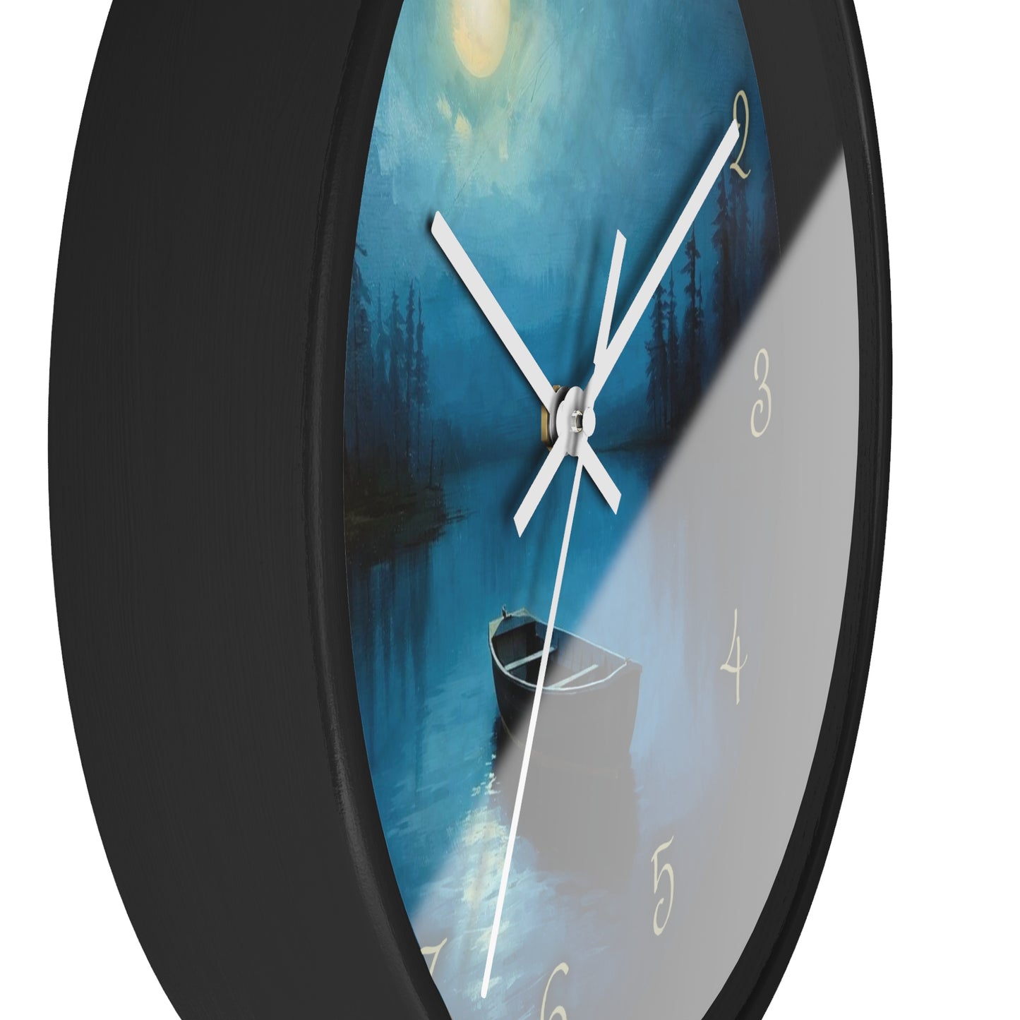 Moonlit Lake Wall Clock – Serene Night Boat Scene 10" Decor