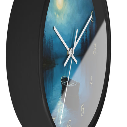 Moonlit Lake Wall Clock – Serene Night Boat Scene 10" Decor
