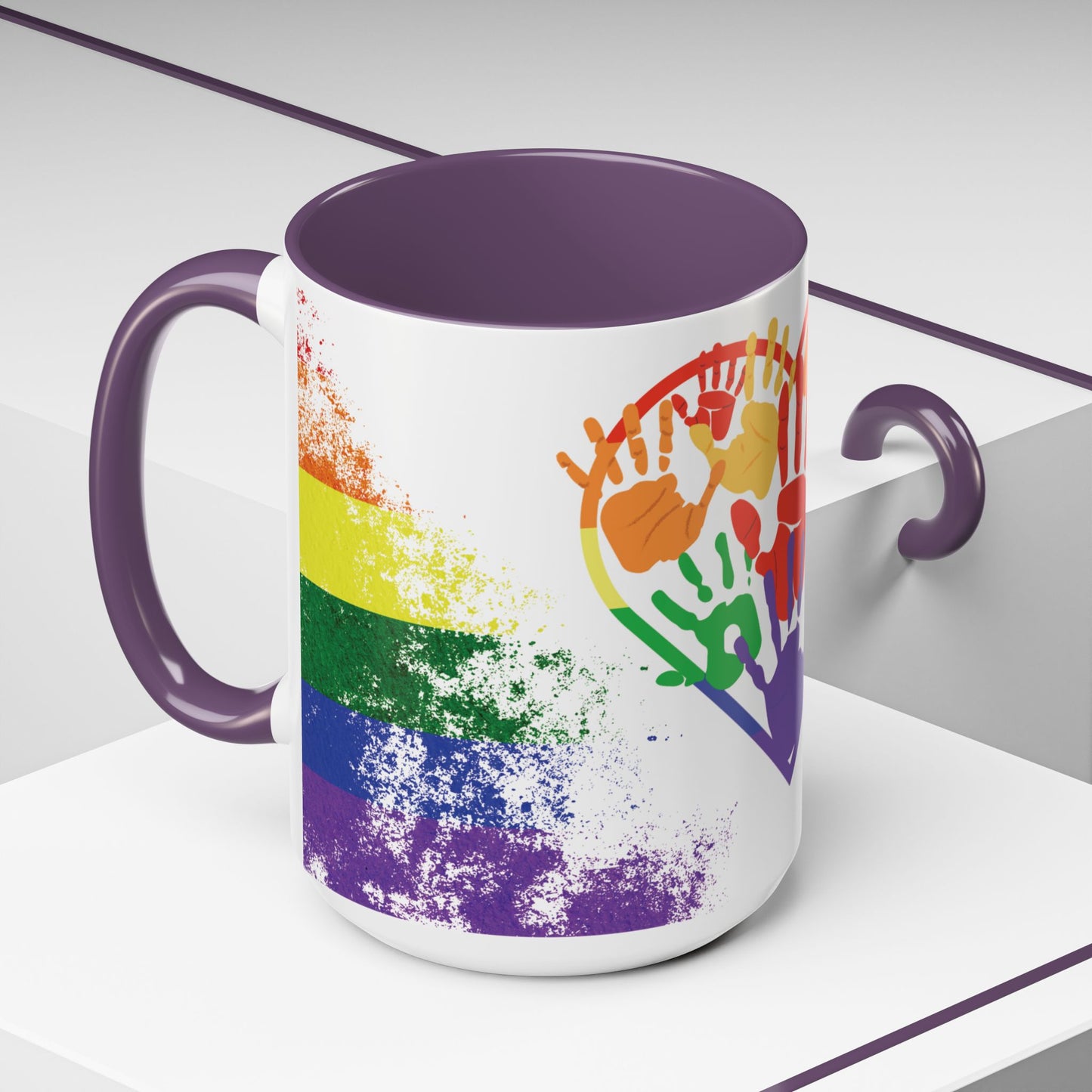 Handprint Heart Pride Mug | Rainbow Splash Ceramic Cup | 11oz & 15oz