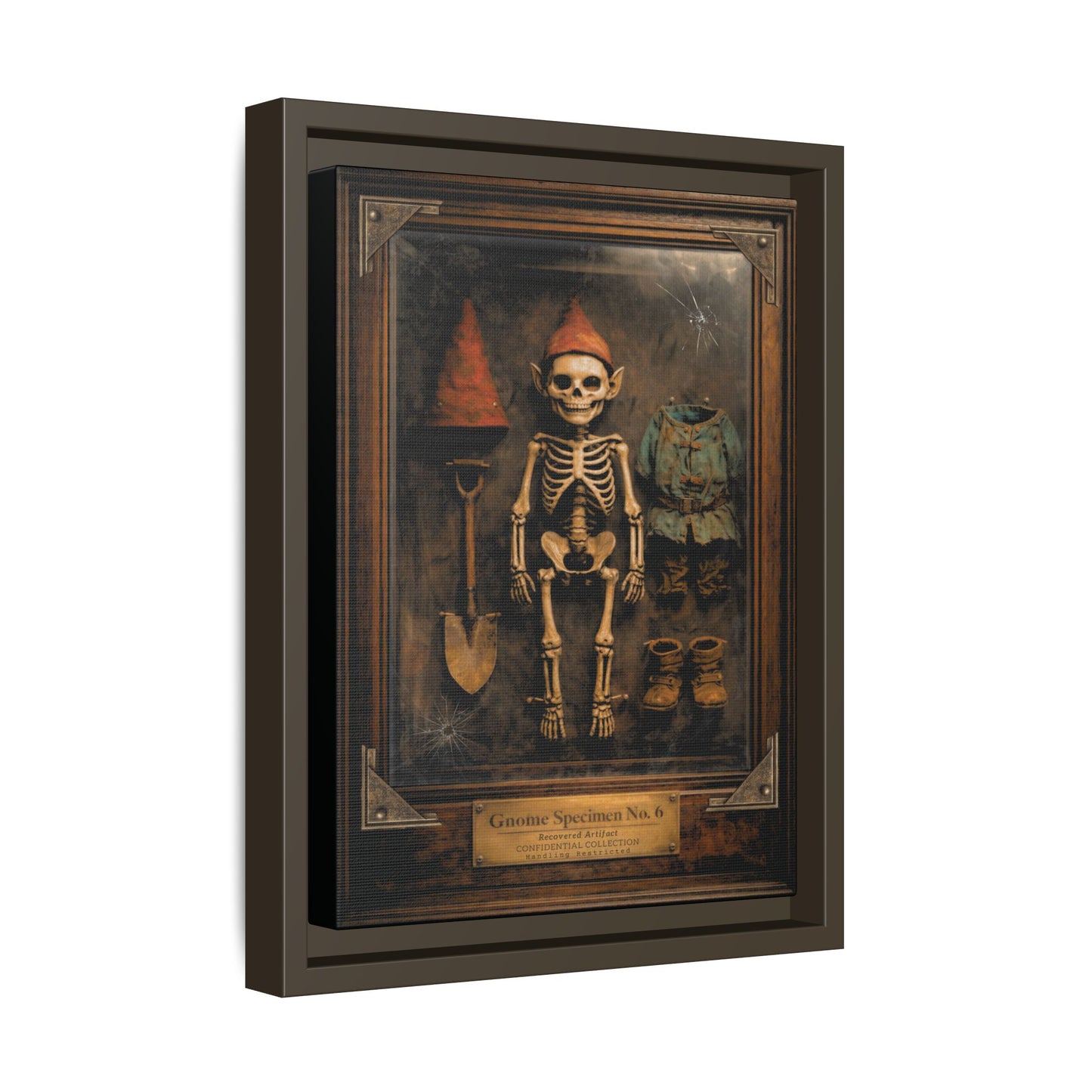 Gnome Specimen No. 6 Framed Canvas Print – Dark Curiosity Cabinet Wall Art, Gothic Skeleton Gnome Decor