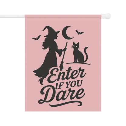 Pastel Gothic Witch Garden Flag – Pink Halloween Yard Flag, Black Cat Silhouette, Retro “Enter If You Dare”