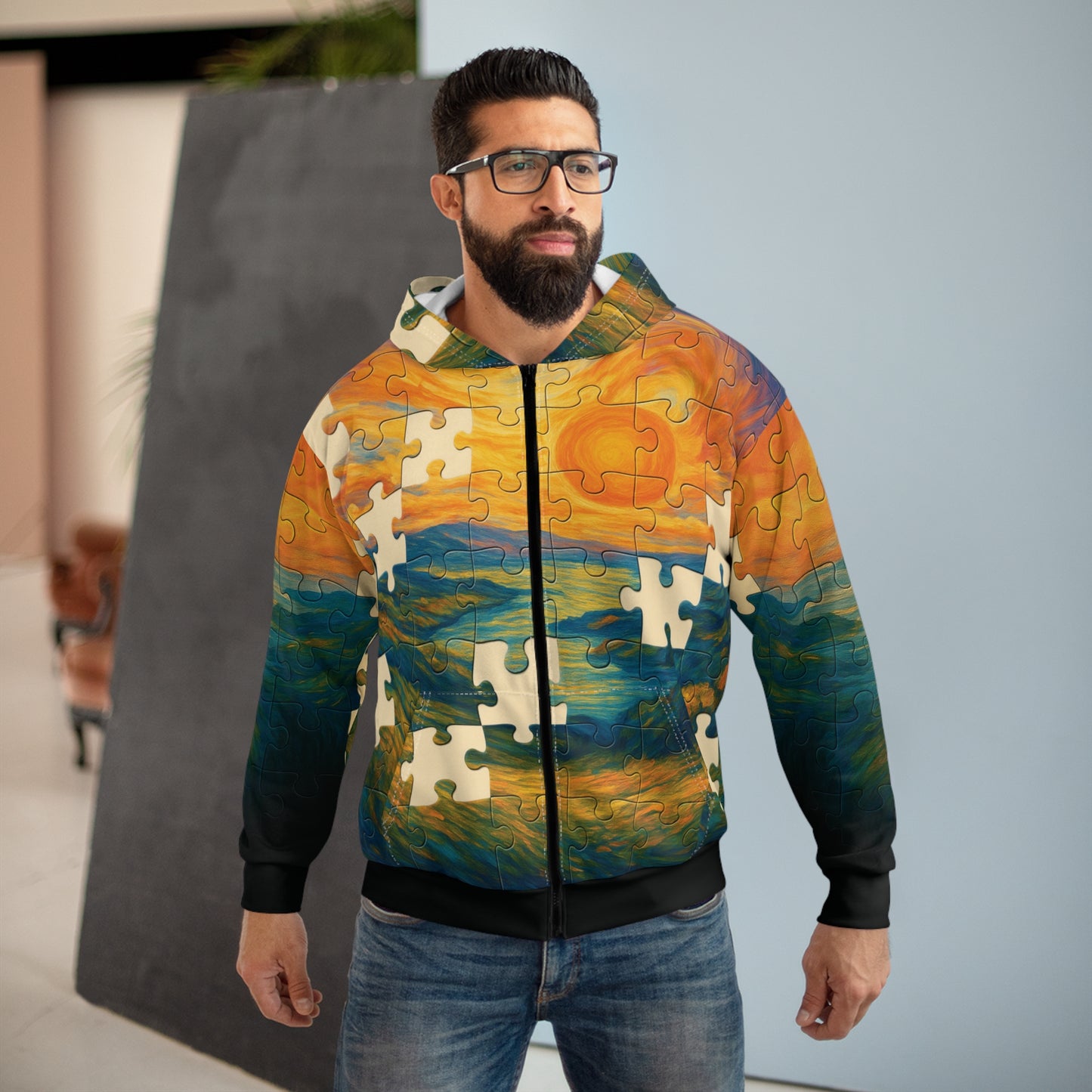 Missing Pieces – AOP Zip-Up Puzzle Hoodie | Unisex Statement Streetwear | All-Over Print by Invaluable Minutia