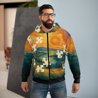 Missing Pieces – AOP Zip-Up Puzzle Hoodie | Unisex Statement Streetwear | All-Over Print by Invaluable Minutia