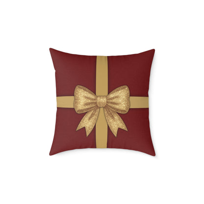 Red & Gold Gift Box Throw Pillow – Holiday Present Canvas Cushion with Holly Back