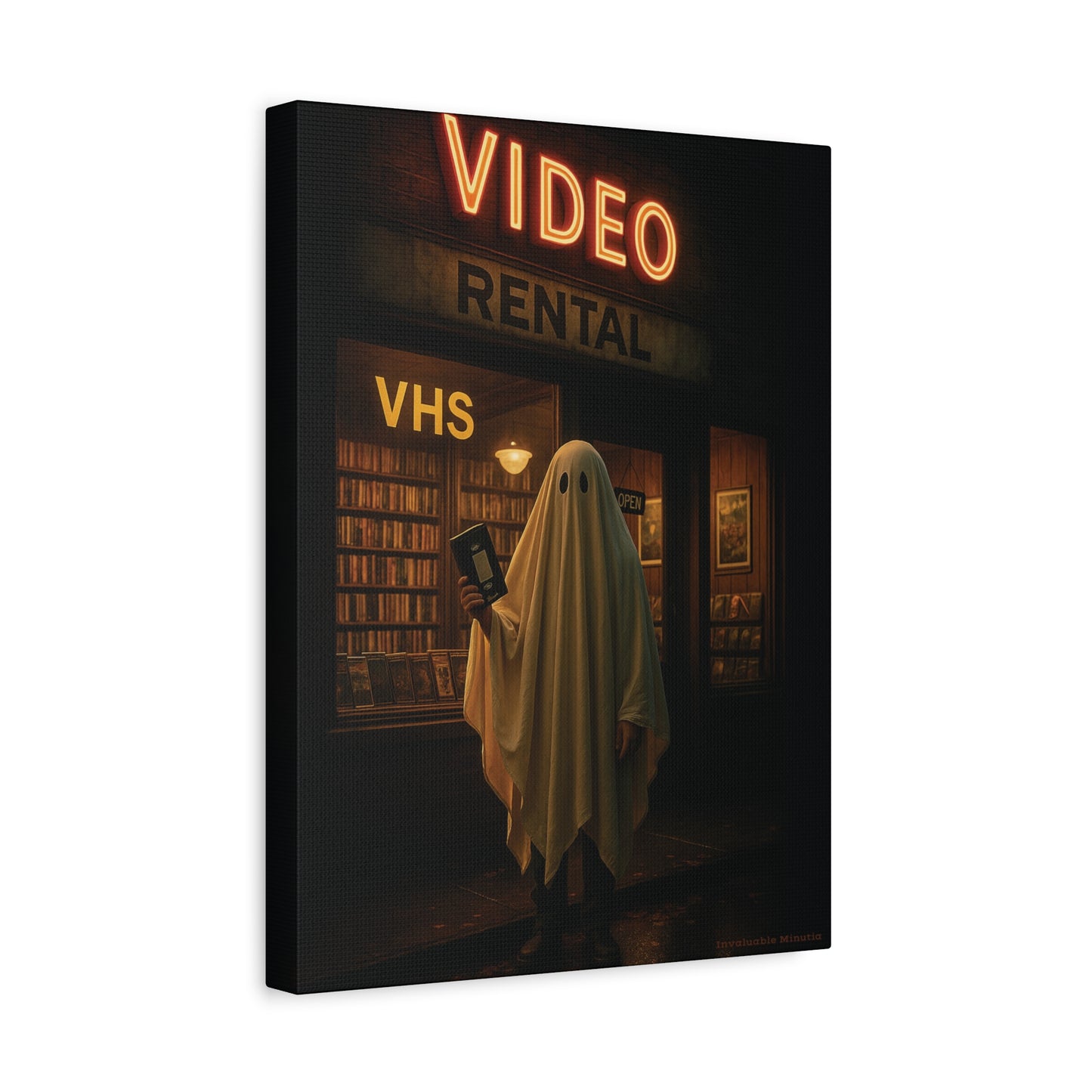 Retro Video Rental Ghost – VHS Nostalgia Matte Stretched Canvas Wall Art | 90s Spooky Decor