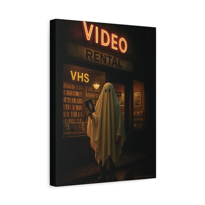 Retro Video Rental Ghost – VHS Nostalgia Matte Stretched Canvas Wall Art | 90s Spooky Decor