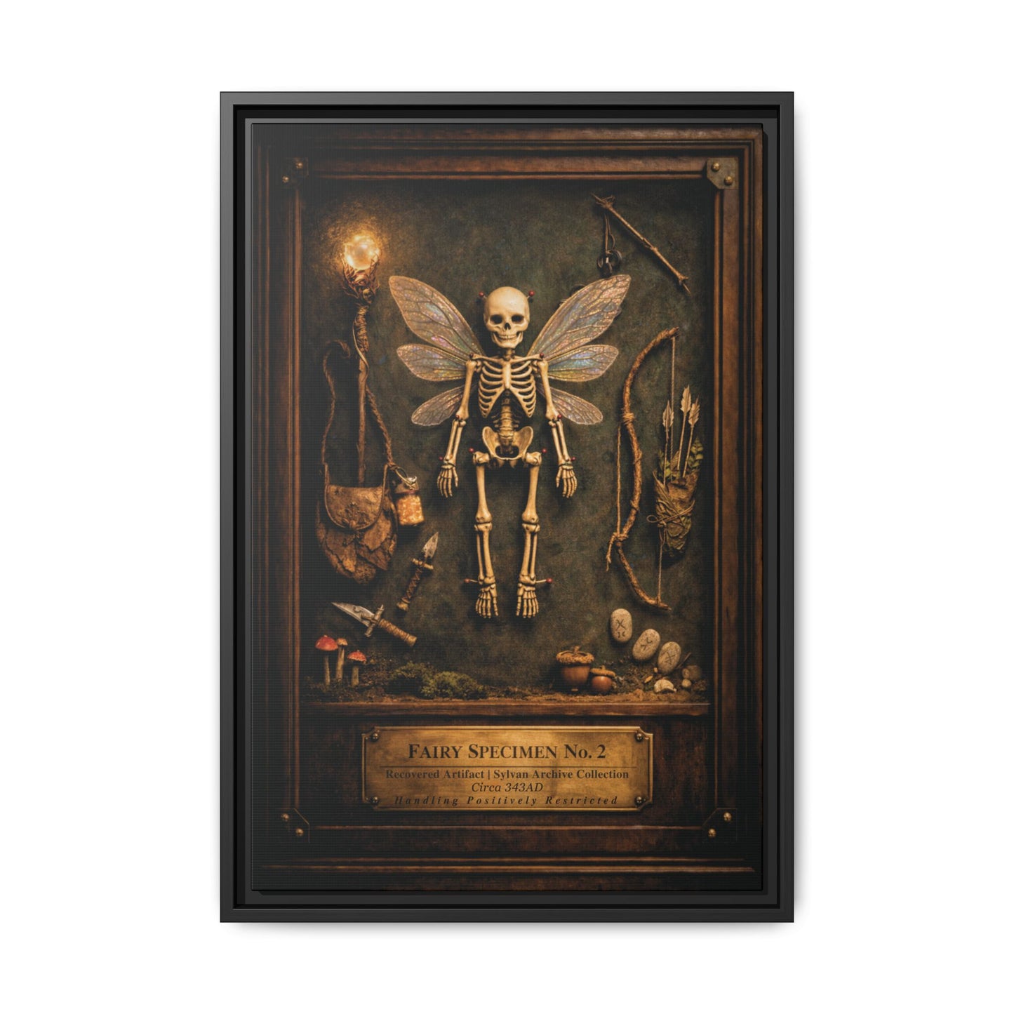 Fairy Specimen No. 2 Framed Canvas Print – Skeletal Fairy Wall Art, Dark Curiosity Cabinet Decor